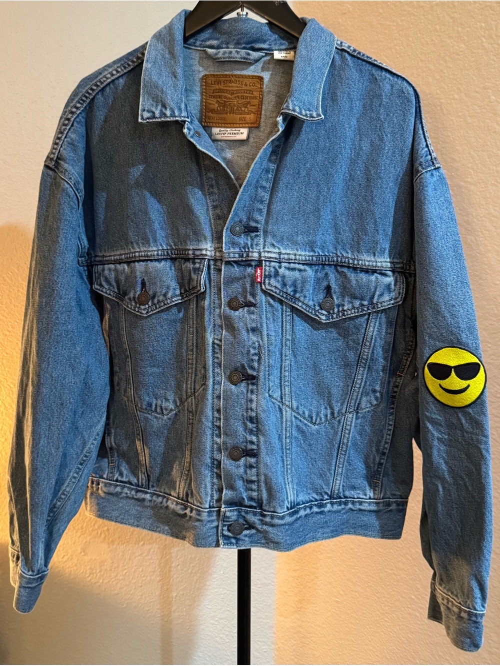 Levi's Blue Denim Trucker Jacket with Yellow Smiley Patch